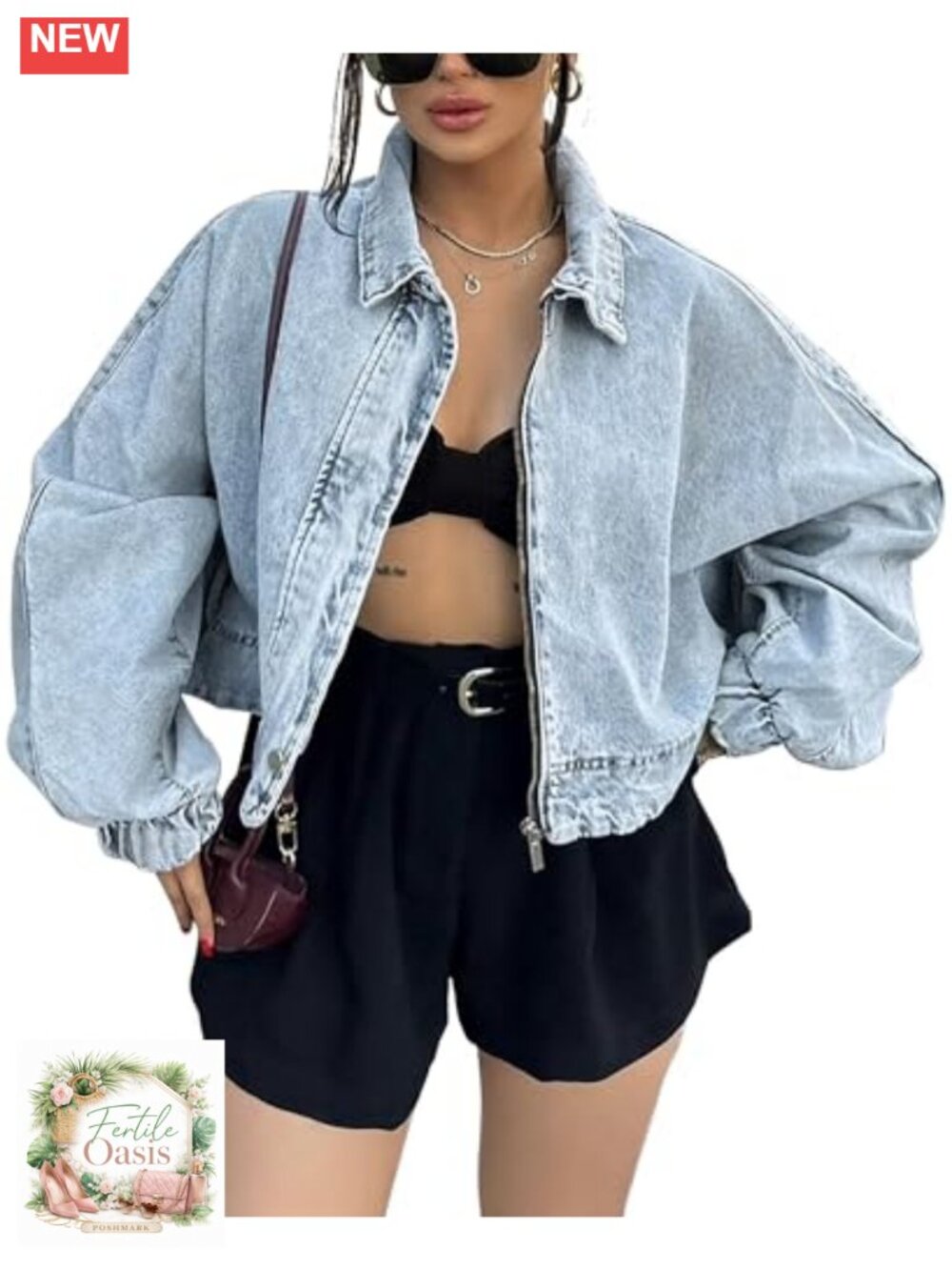 Oversized Cropped Zip Up Denim Jacket Light Wash Women's